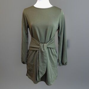 Green Casual Front Tie Long Puff Sleeve Dress sz S